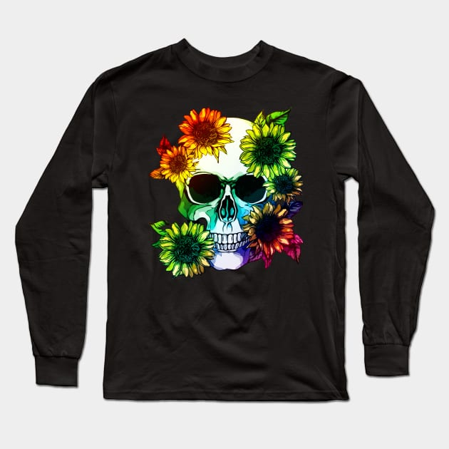 floral skull, cool skull, raimbow sunflowers skull mask face Long Sleeve T-Shirt by Collagedream